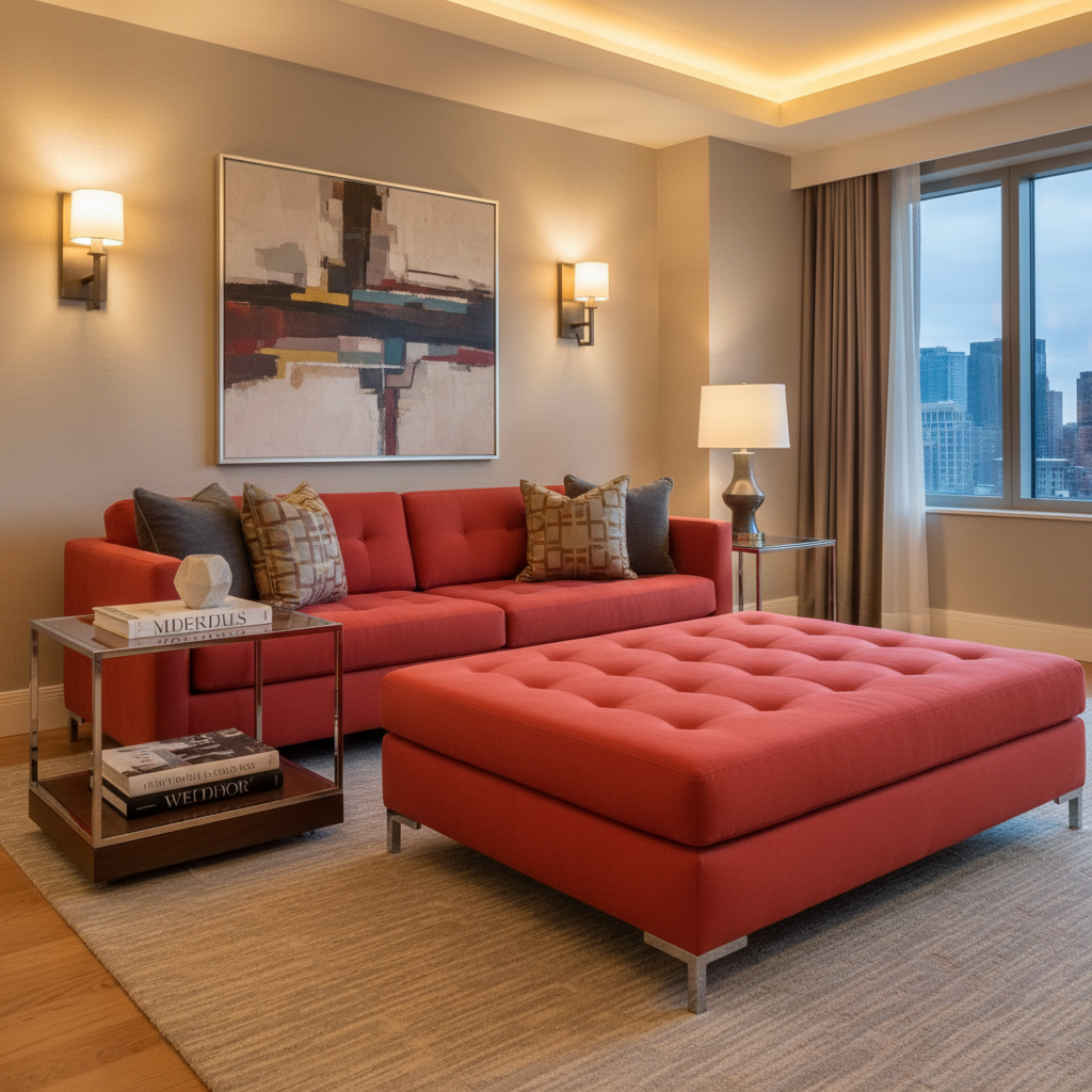 Ultrasuede Tomato Red Upholstered Ottoman | Ultrasuede Upholstery