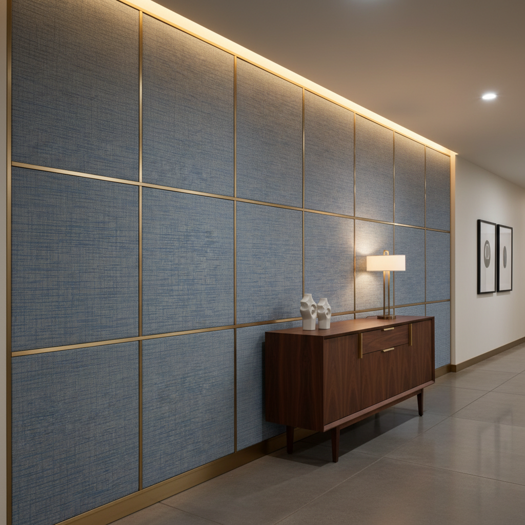Woven Linear Texture Azure Mist Upholstered Wall Panel | Architectural Fabrics