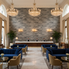 Vomera Aged Travertine Faux Tile | Hollywood Wallcoverings - Hotel Lobby commercial room setting