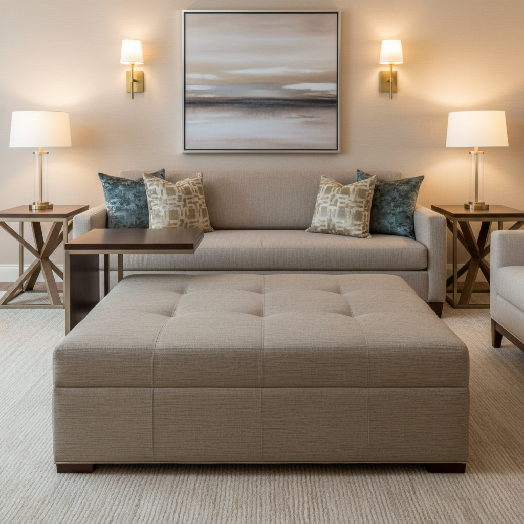 Fine Ribbed Weave Soft Taupe Upholstered Ottoman | Architectural Fabrics