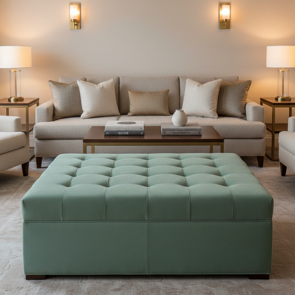 Ultrasuede  Sage  Green Upholstered Ottoman | Ultrasuede Upholstery