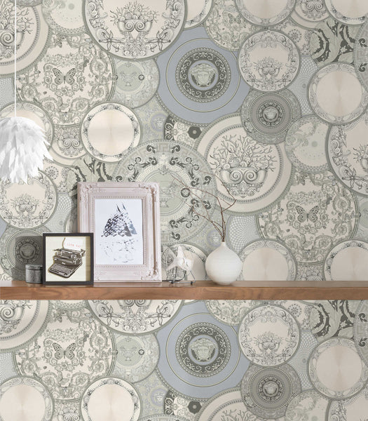 Metallic Versace Wallcovering With Medal Motif - Grey, White Wallcovering | Versace