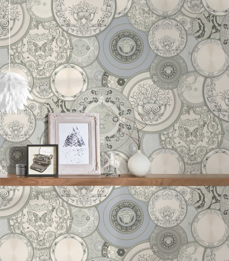 Metallic Versace Wallcovering With Medal Motif - Grey, White Wallcovering | Versace