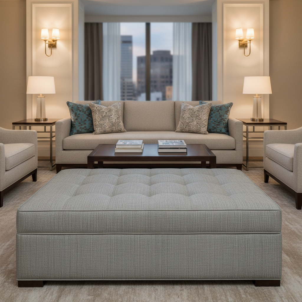 Fine Woven Texture Silver Grey Upholstered Ottoman | Architectural Fabrics