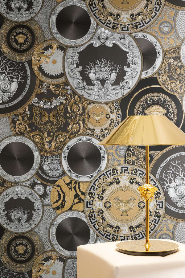 Baroque Round Ornament Black, Gold, Silver Wallcovering | Versace