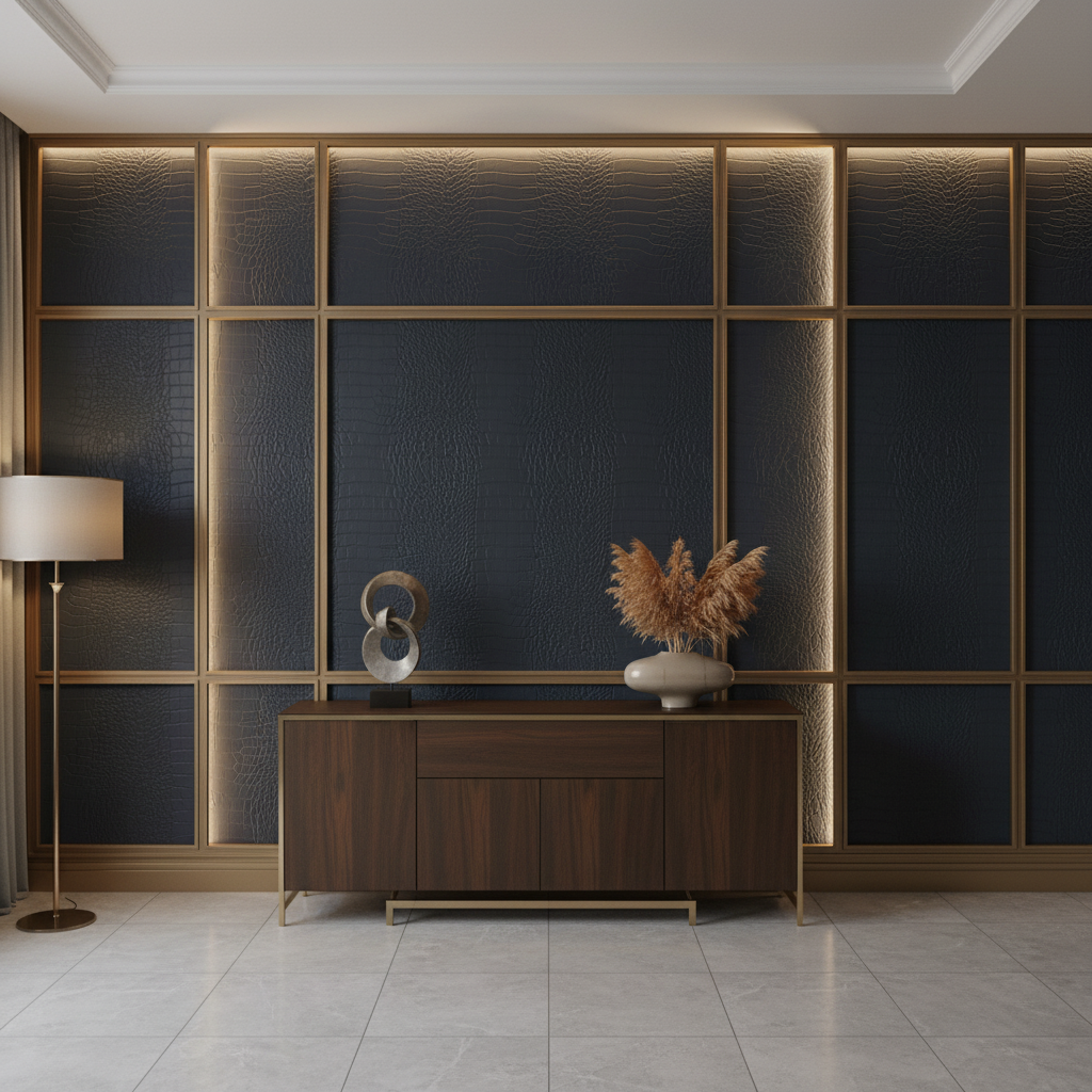 Embossed Reptile Scale Deep Indigo Upholstered Wall Panel | Architectural Fabrics