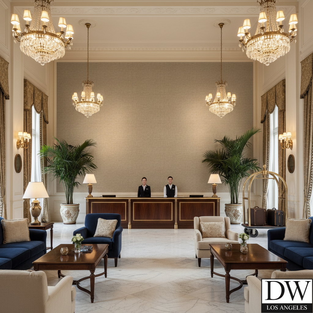 Marseilles Vinyl | Hollywood Wallcoverings - Hotel Lobby commercial room setting