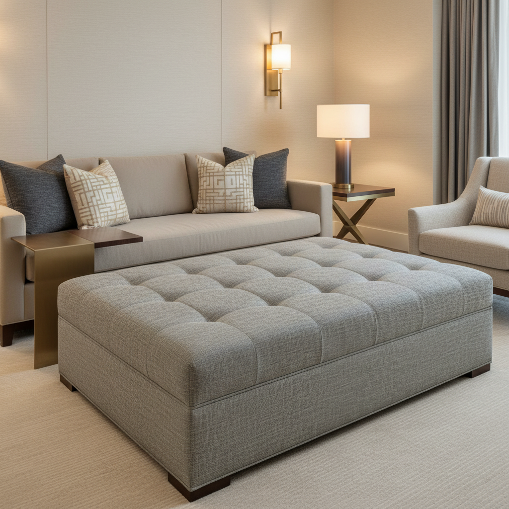 Subtle Textured Solid Misty Gray Upholstered Ottoman | Architectural Fabrics