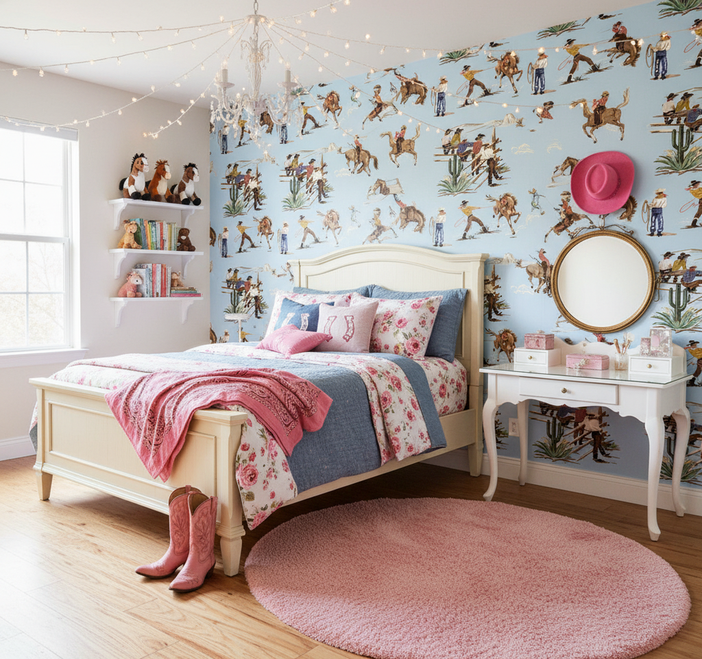 The Original Yeeha 1950's Cowboy - Light Blue Mid-Century Modern | Architectural Wallcoverings - Girls Bedroom Room Setting