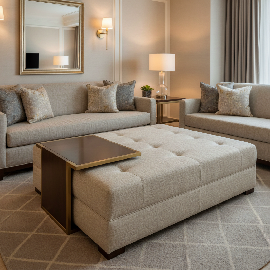 Brushed Linen Weave Oyster Beige Upholstered Ottoman | Architectural Fabrics