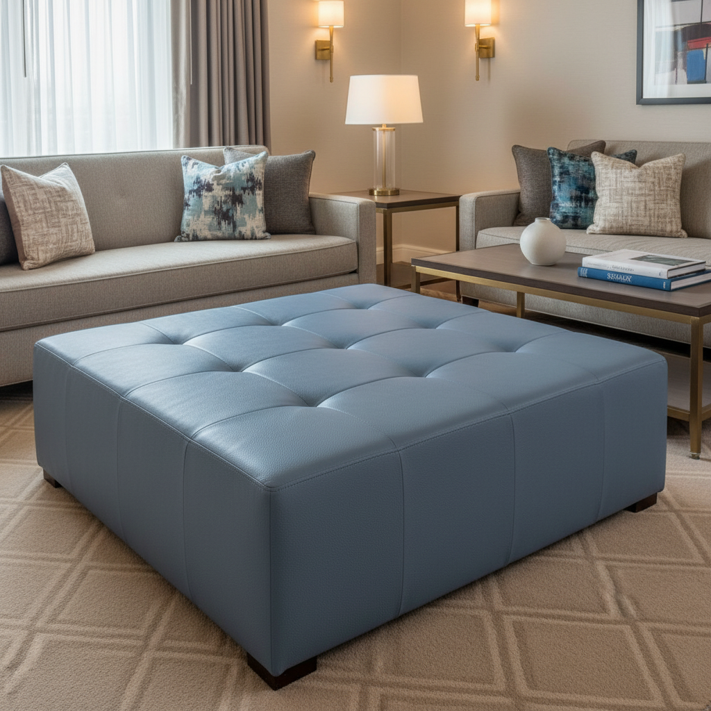 Smooth Pebble Grain Dusty Blue Upholstered Ottoman | Architectural Fabrics