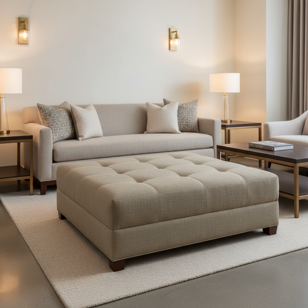 Aspect - Taupe Linen Performance Polyurethane Upholstered Ottoman | Architectural Fabrics