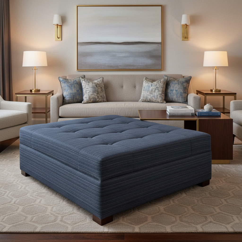 Fine Horizontal Stripes Deep Indigo Upholstered Ottoman | Architectural Fabrics