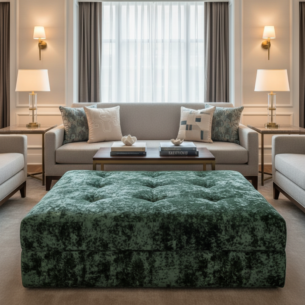 Crushed Velvet Texture Forest Green Upholstered Ottoman | Architectural Fabrics