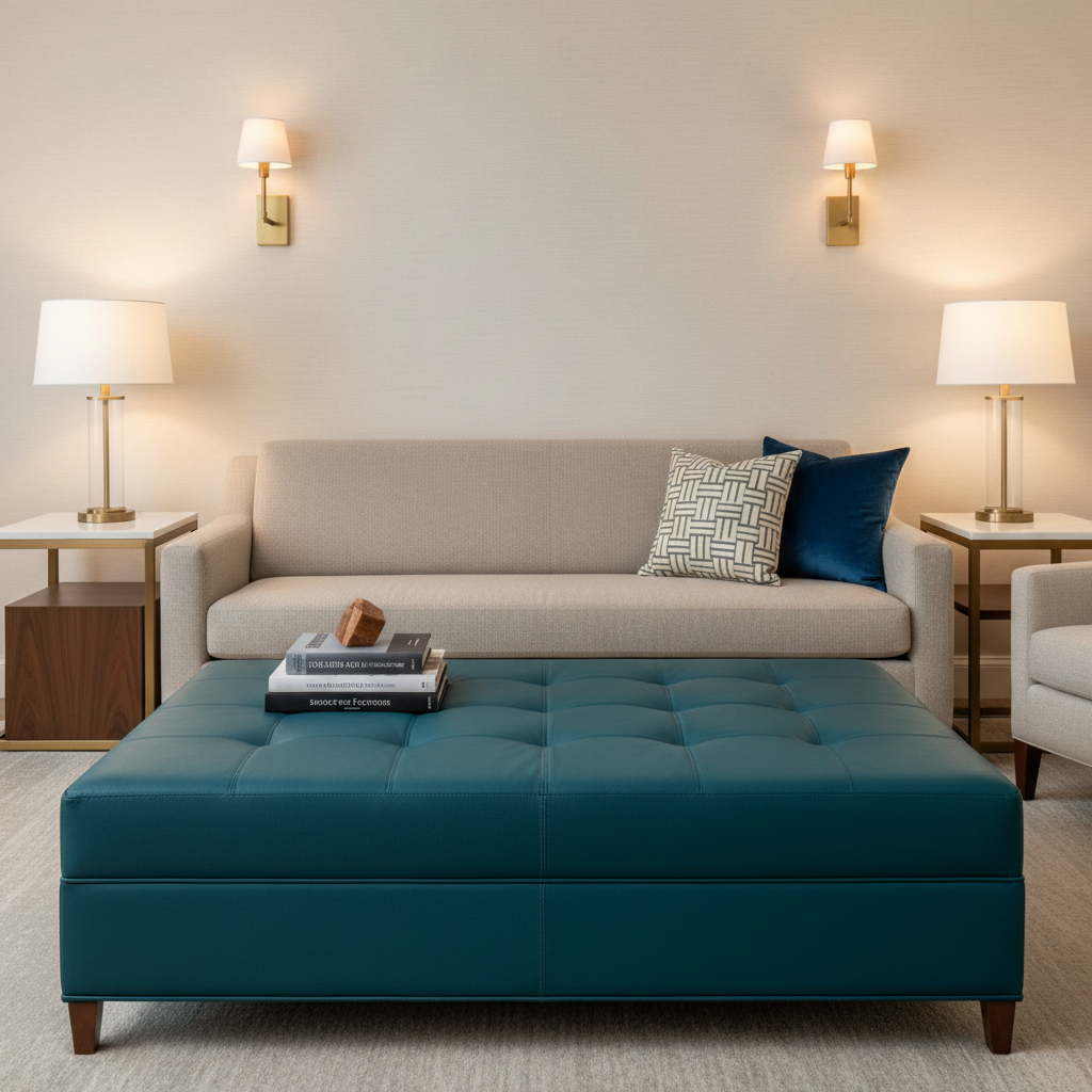 Fine Pebble Grain Teal Depths Upholstered Ottoman | Architectural Fabrics