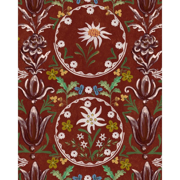 Edelweiss Burgundy - Green, Yellow, Red, Burgundy, Ivory Wallcovering | Mind the Gap