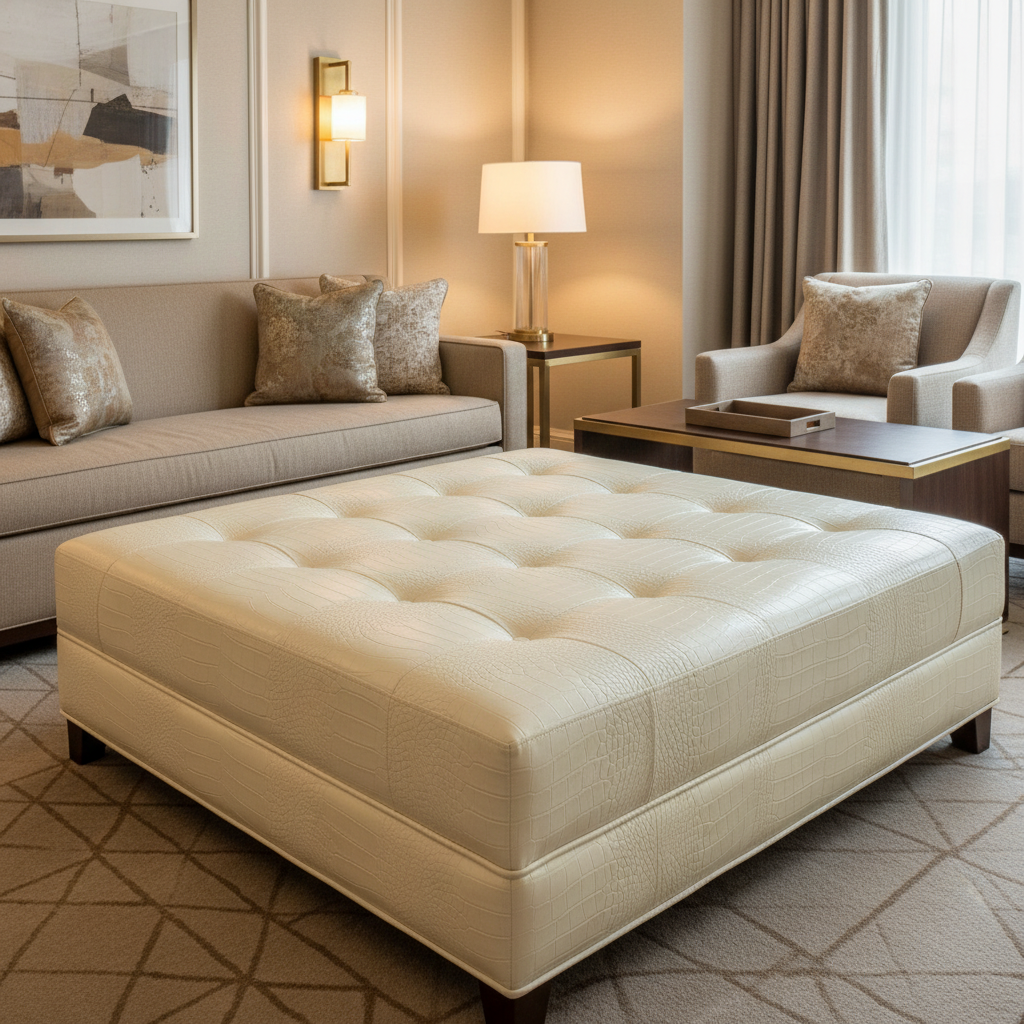Embossed Reptile Scale Ivory Cream Upholstered Ottoman | Architectural Fabrics