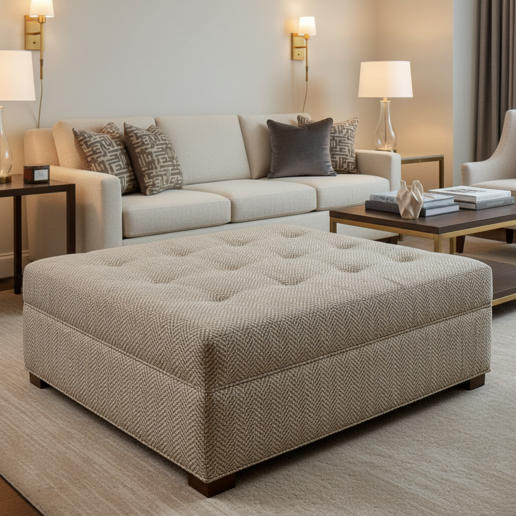 Woven Chevron Pattern Neutral Taupe Upholstered Ottoman | Architectural Fabrics