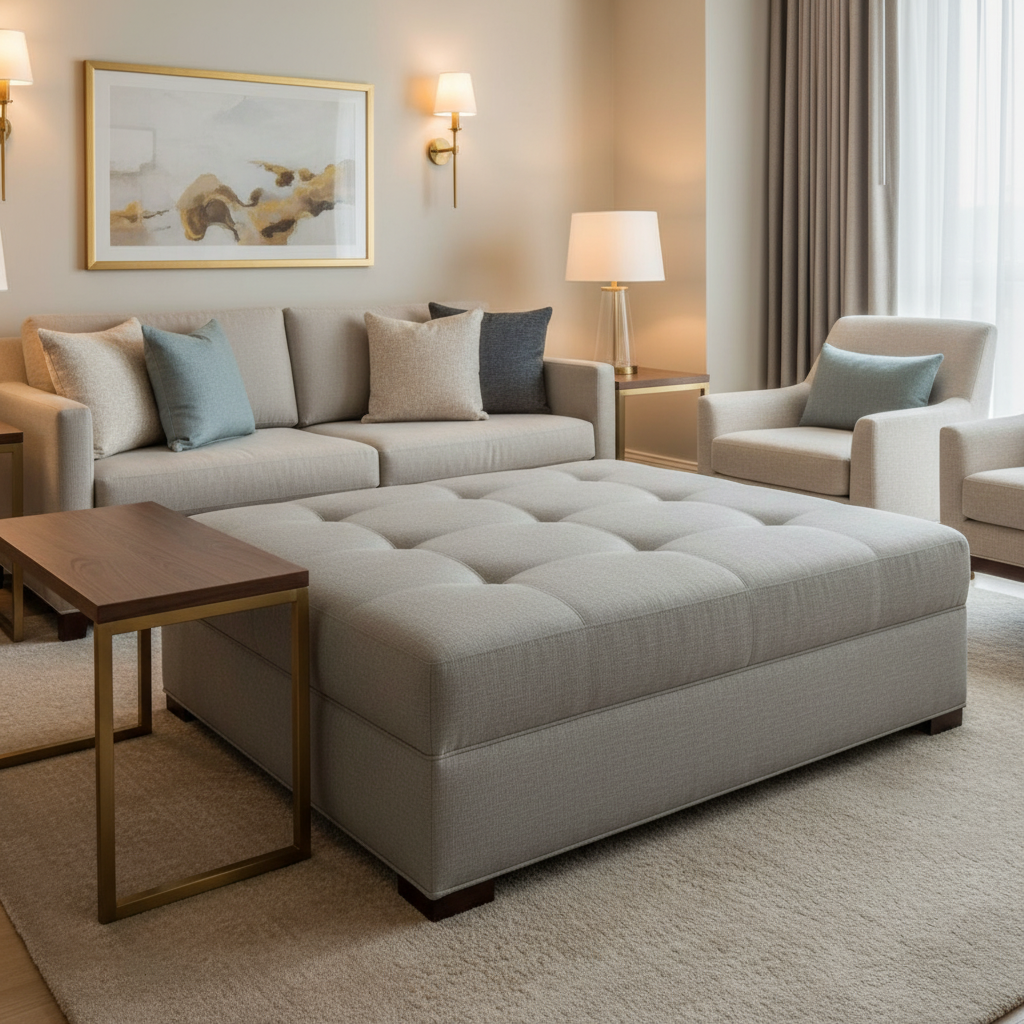 Brushed Linen Weave Stone Gray Upholstered Ottoman | Architectural Fabrics
