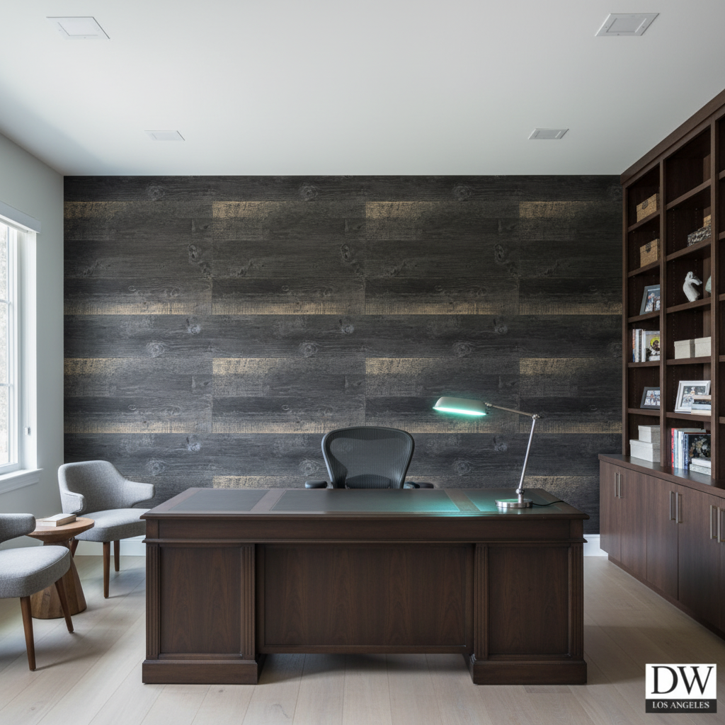 Bosa Marina Midnight Wood Plank | Hollywood Wallcoverings - Corporate Office commercial room setting