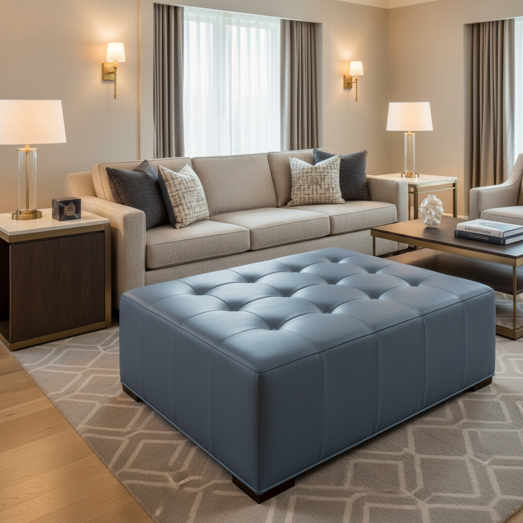 Smooth Pebble Grain Dusty Denim Upholstered Ottoman | Architectural Fabrics