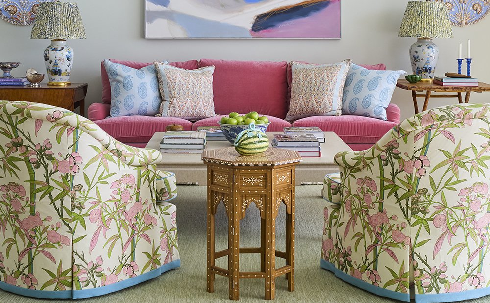 Enchanted Garden Bamboo, Multi Blues Taupe on White Linen Cotton