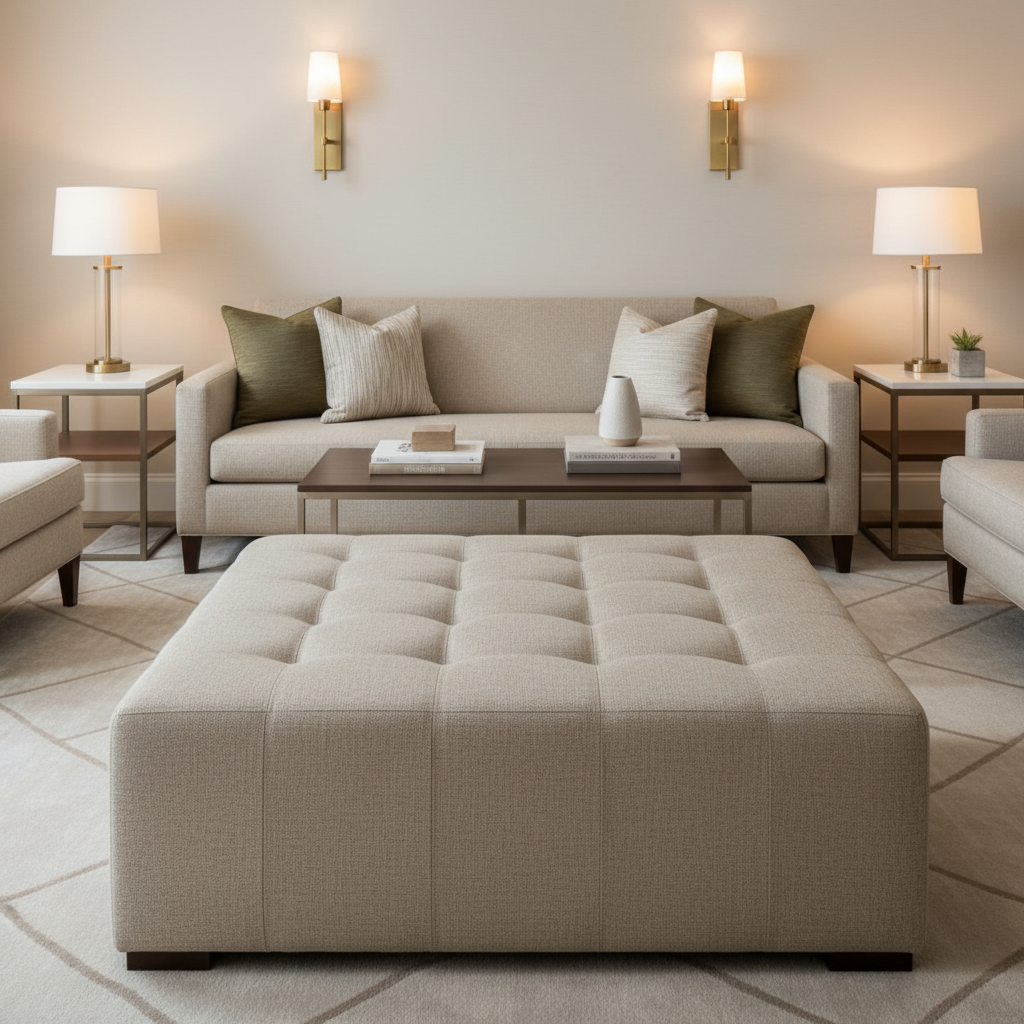 Woven Linen Texture Soft Taupe Upholstered Ottoman | Architectural Fabrics