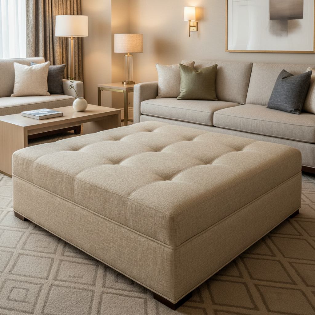 Brushed Linen Weave Natural Linen Upholstered Ottoman | Architectural Fabrics
