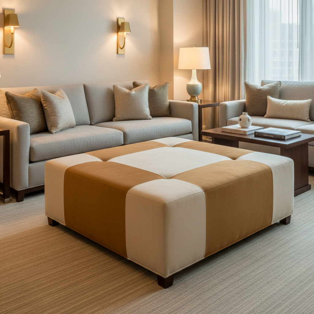 Ultrasuede  Camel Brown, Cream Upholstered Ottoman | Ultrasuede Upholstery