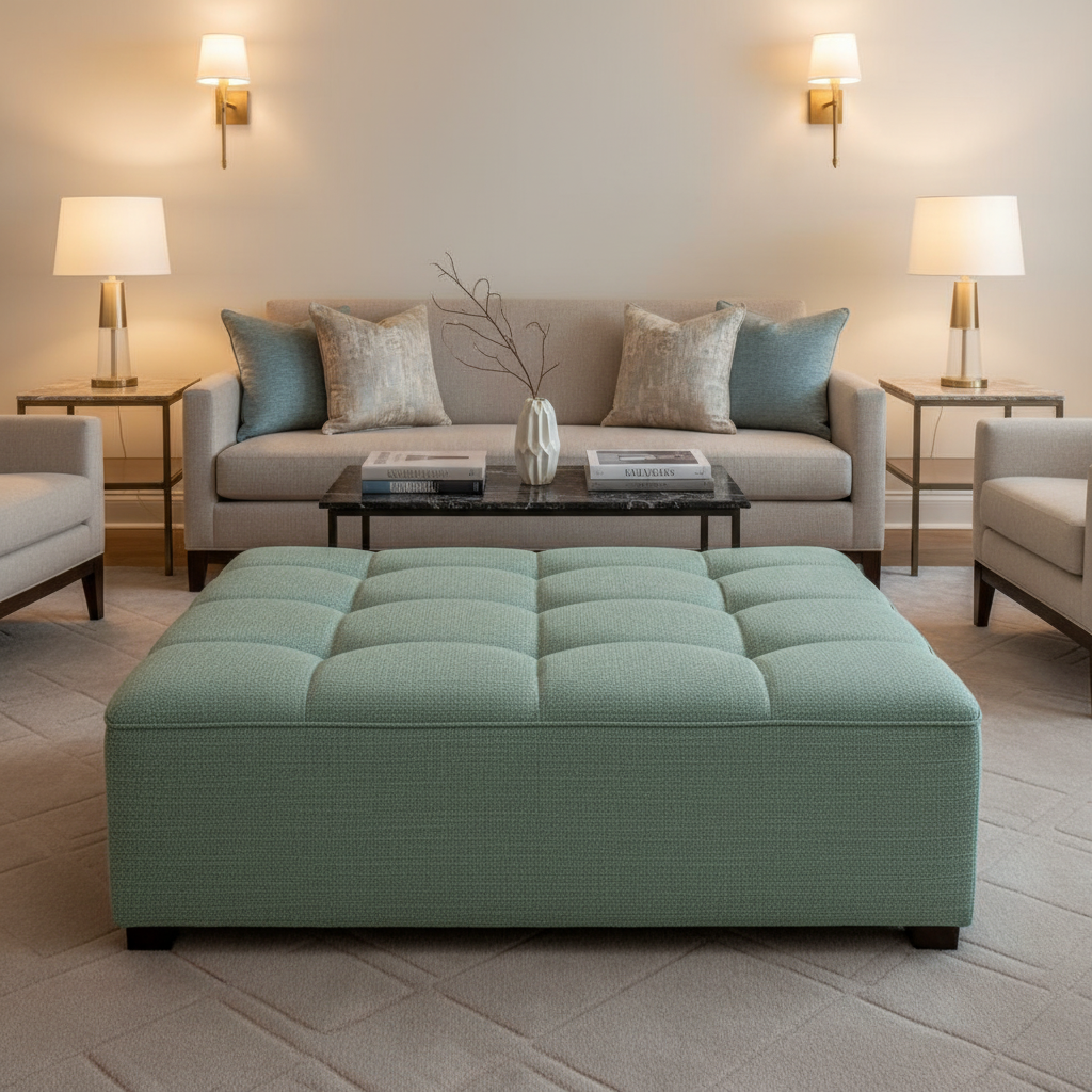 Woven Textured Pattern Seafoam Green Upholstered Ottoman | Architectural Fabrics
