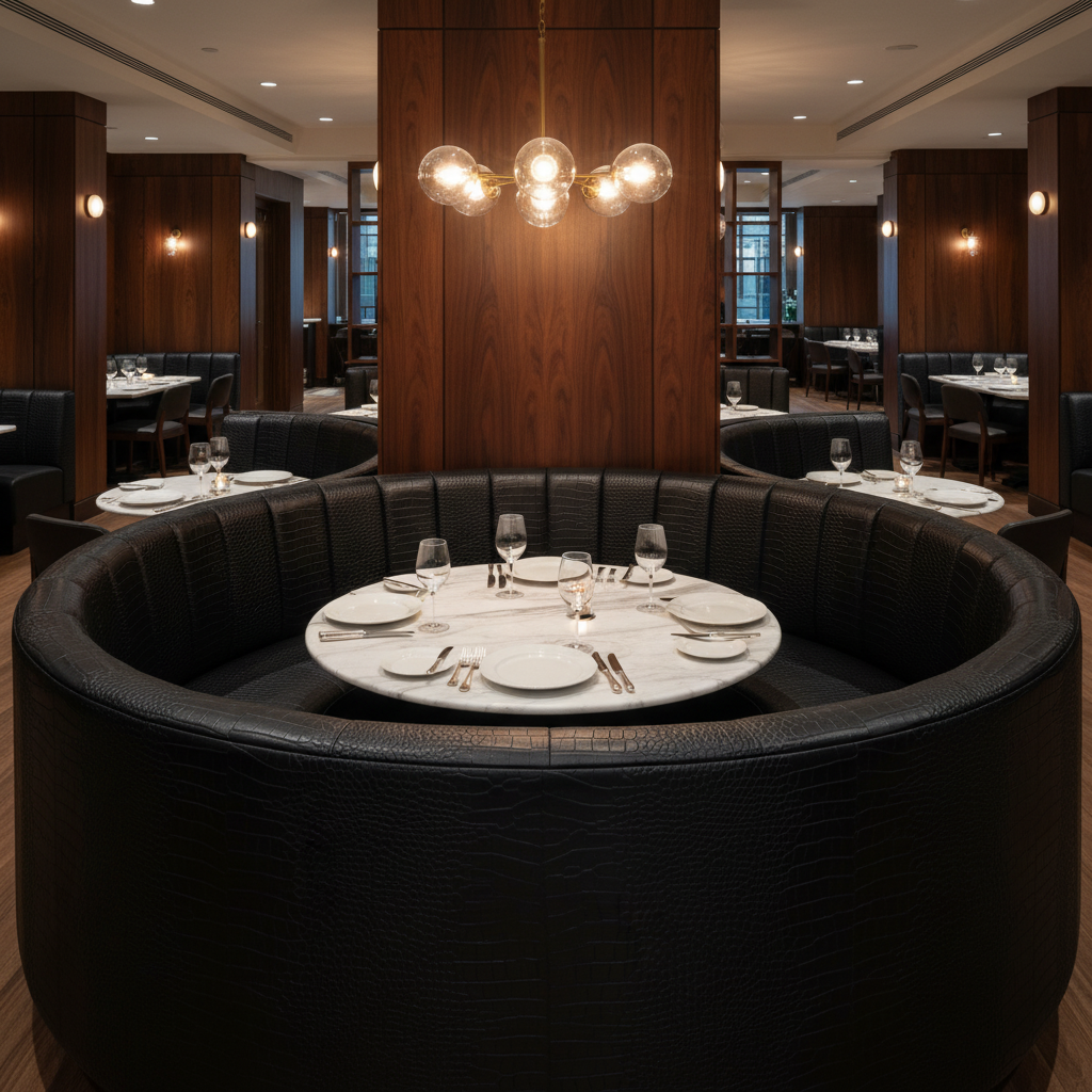 Embossed Reptile Scale Deep Onyx Upholstered Banquette | Architectural Fabrics