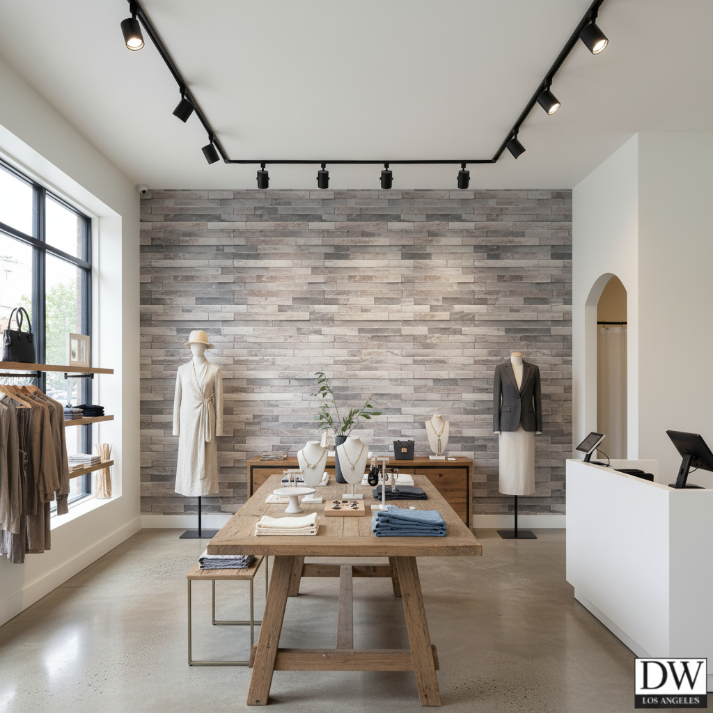 Vomera Aged Travertine Faux Tile | Hollywood Wallcoverings - Retail Showroom commercial room setting