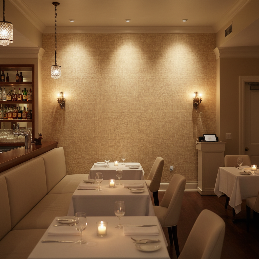 Moroccan Cream Basketweave | Hollywood Wallcoverings - Restaurant Dining commercial room setting
