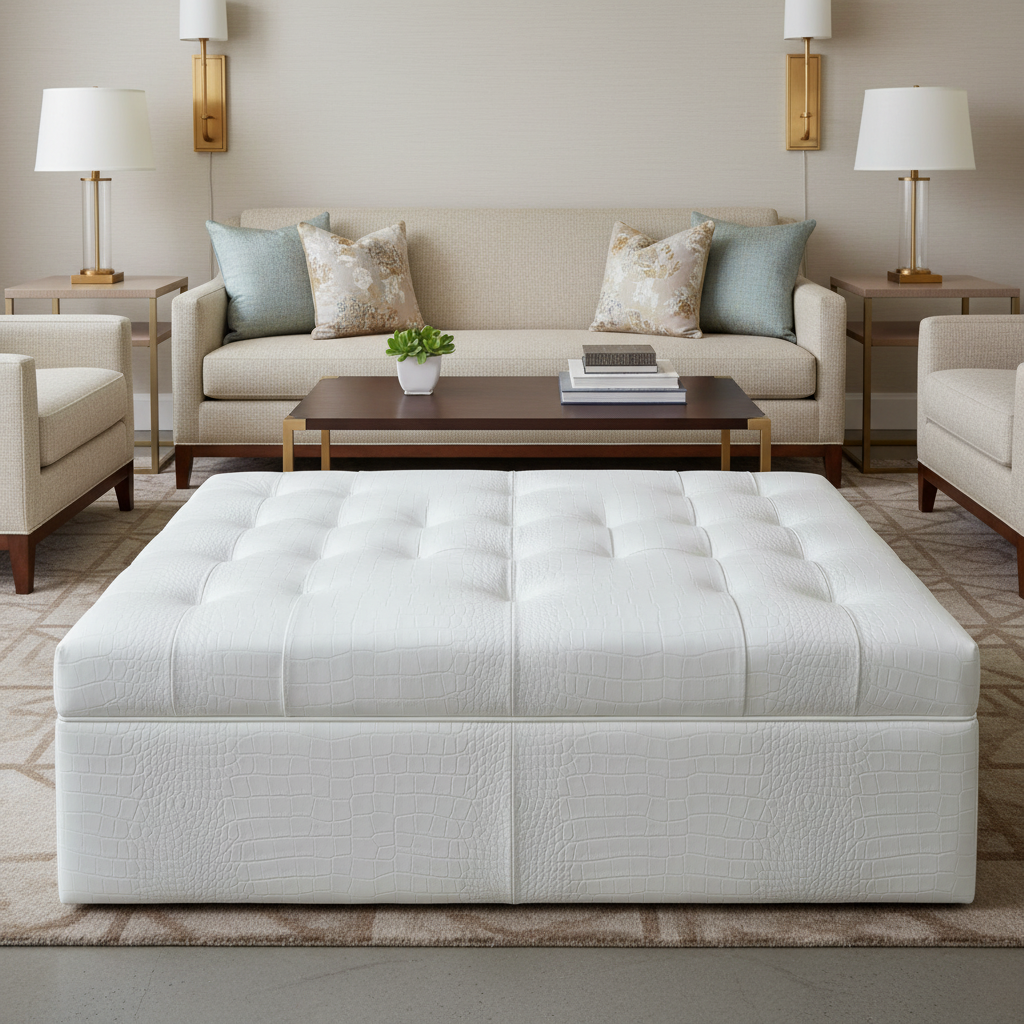 Embossed Reptile Skin Bright White Upholstered Ottoman | Architectural Fabrics