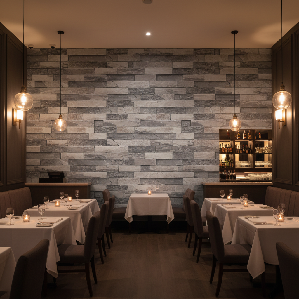 Vomera Aged Travertine Faux Tile | Hollywood Wallcoverings - Restaurant Dining commercial room setting