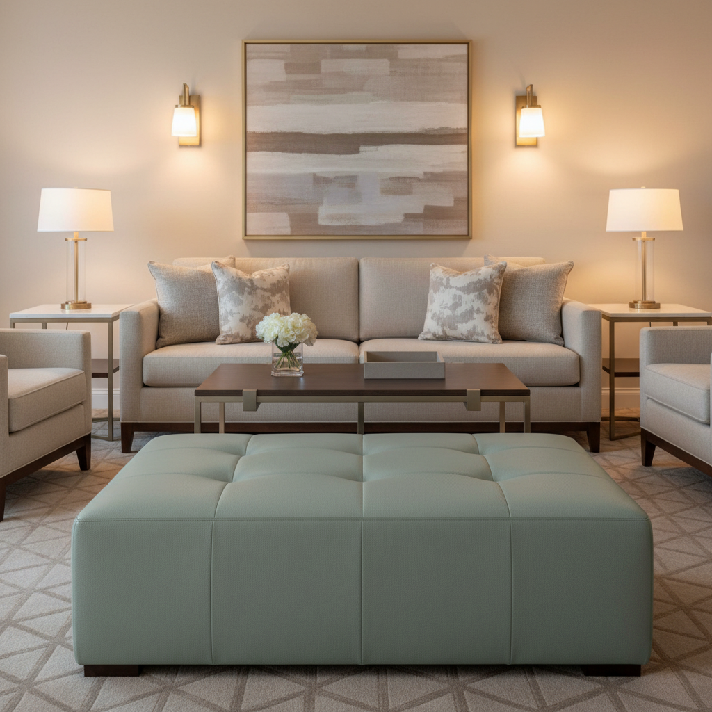 Smooth Pebble Grain Dusty Sage Upholstered Ottoman | Architectural Fabrics