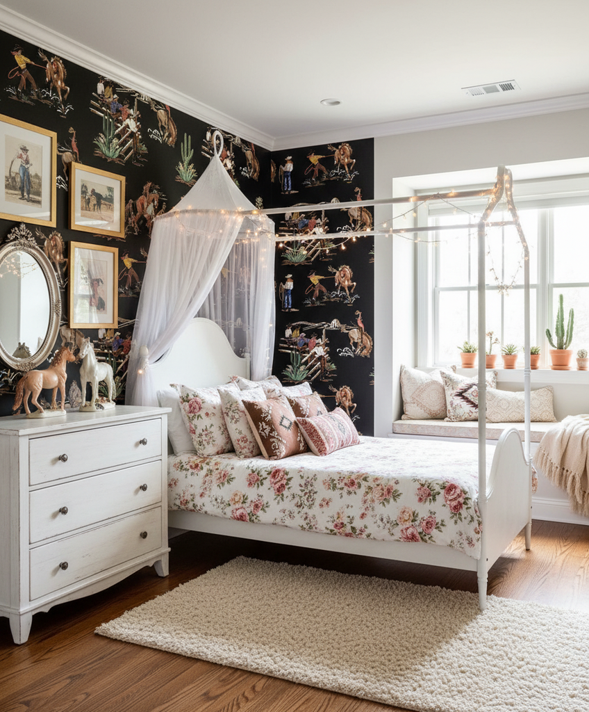 The Original Yeeha 1950's Cowboy - Midnight Mid-Century Modern | Architectural Wallcoverings - Girls Western Chic Bedroom Room Setting