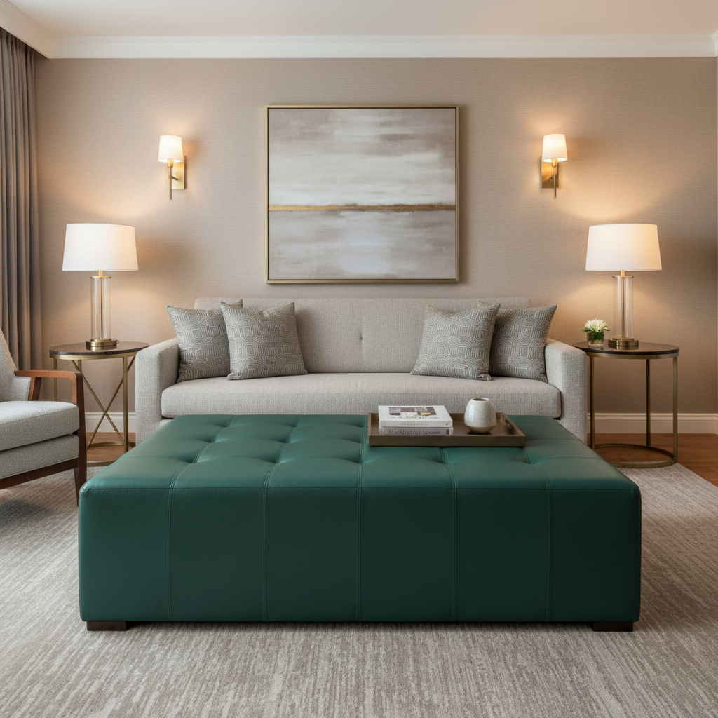Smooth Leather Grain Deep Evergreen Upholstered Ottoman | Architectural Fabrics
