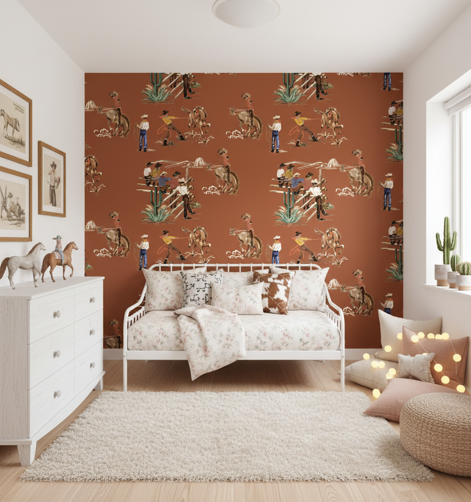 The Original Yeeha 1950's Cowboy Retro | Architectural Wallcoverings - Girls Western Chic Bedroom Room Setting