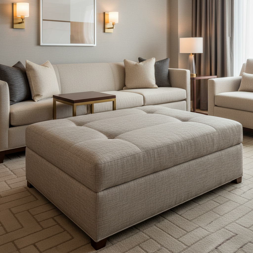 Brushed Linen Weave Soft Taupe Upholstered Ottoman | Architectural Fabrics