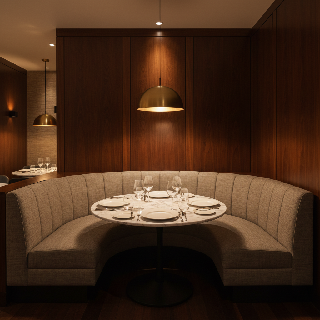 Linen Weave Texture Misty Taupe Upholstered Banquette | Architectural Fabrics