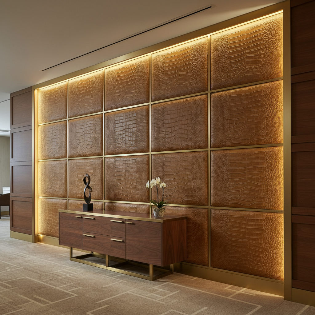 Embossed Reptile Skin Golden Brown Upholstered Wall Panel | Architectural Fabrics