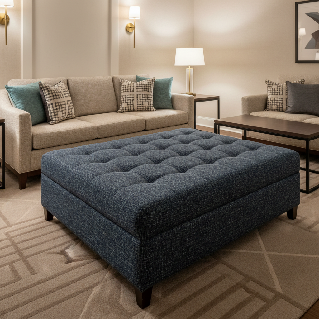Woven Crosshatch Texture Deep Indigo Upholstered Ottoman | Architectural Fabrics