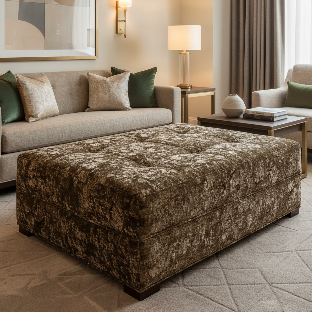 Crushed Velvet Texture Bronze Umber Upholstered Ottoman | Architectural Fabrics
