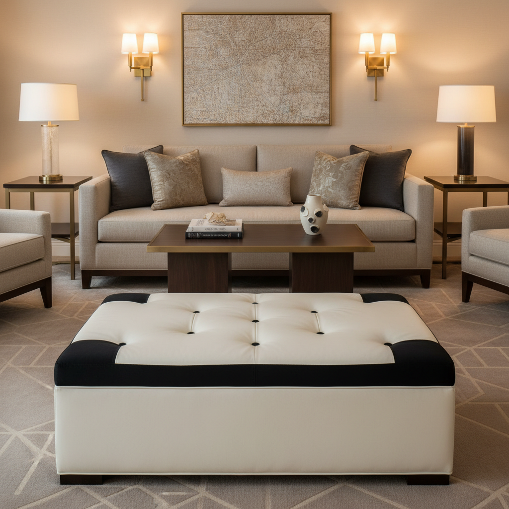 Palmyra Royal Contemporary ivory & black Upholstered Ottoman | Architectural Fabrics