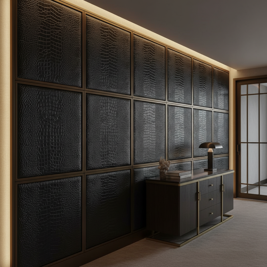 Embossed Reptile Scale Deep Charcoal Upholstered Wall Panel | Architectural Fabrics