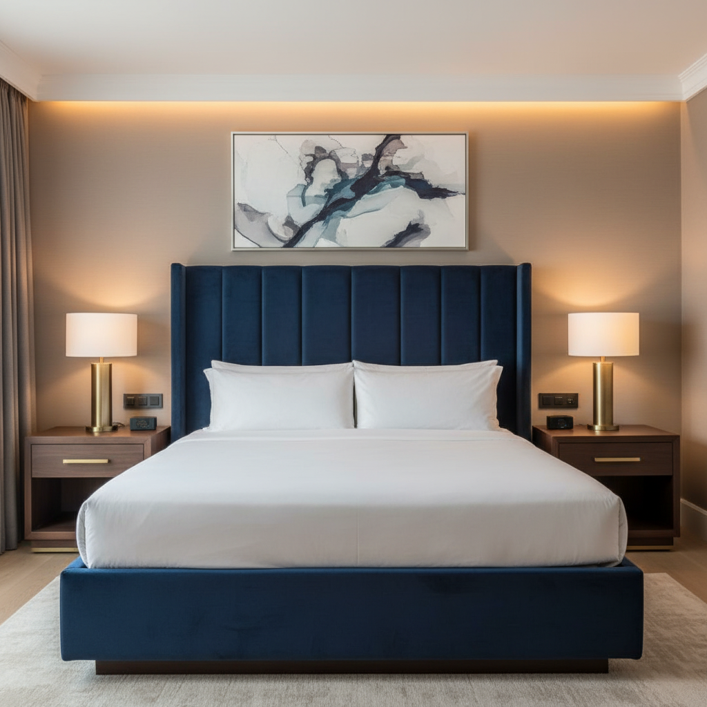 Crushed Velvet Texture Midnight Sapphire Upholstered Headboard | Architectural Fabrics