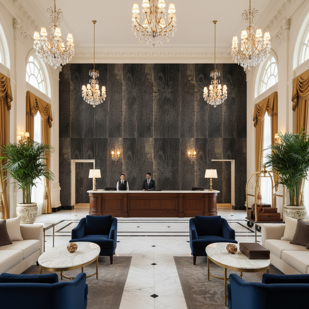 Bosa Marina Midnight Wood Plank | Hollywood Wallcoverings - Hotel Lobby commercial room setting