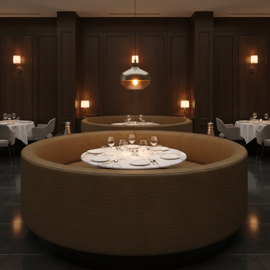 Embossed Reptile Scale Olive Brown Upholstered Banquette | Architectural Fabrics