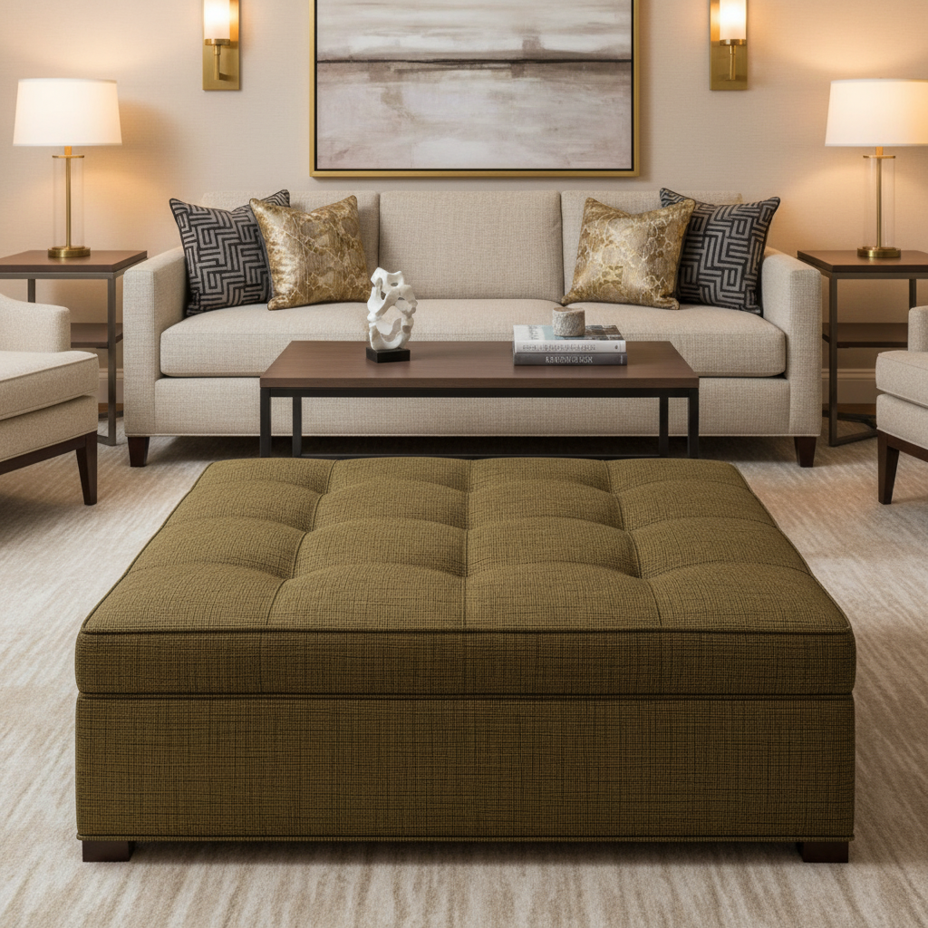 Woven Crosshatch Texture Golden Bronze Upholstered Ottoman | Architectural Fabrics
